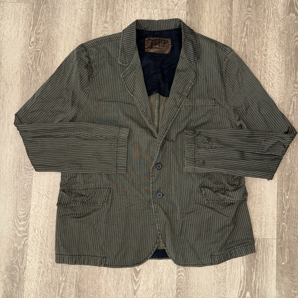 Tripp NYC Daang Goodman Goth 3 Button Blazer Mens 2XL Green PinStripe Emo Grunge